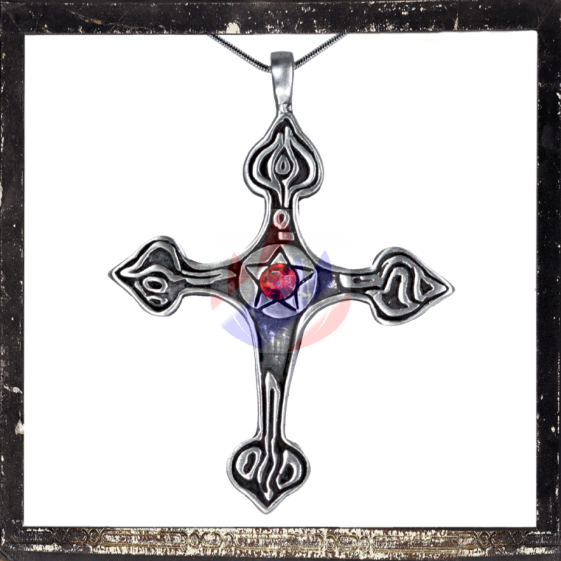 Keltisches Kreuz mit Pentagramm &amp; ROTEM geschliffenem Glasstein (7,7 cm